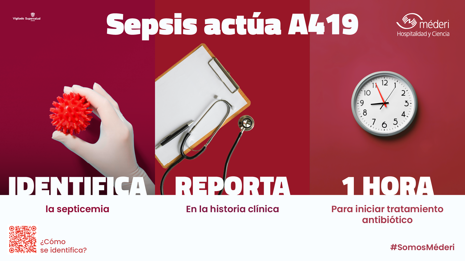 Infografía Sepsis actúa A419: Identifica la septicemia, Reporta en la historia clínica y 1 HORA para iniciar tratamiento antibiótico.